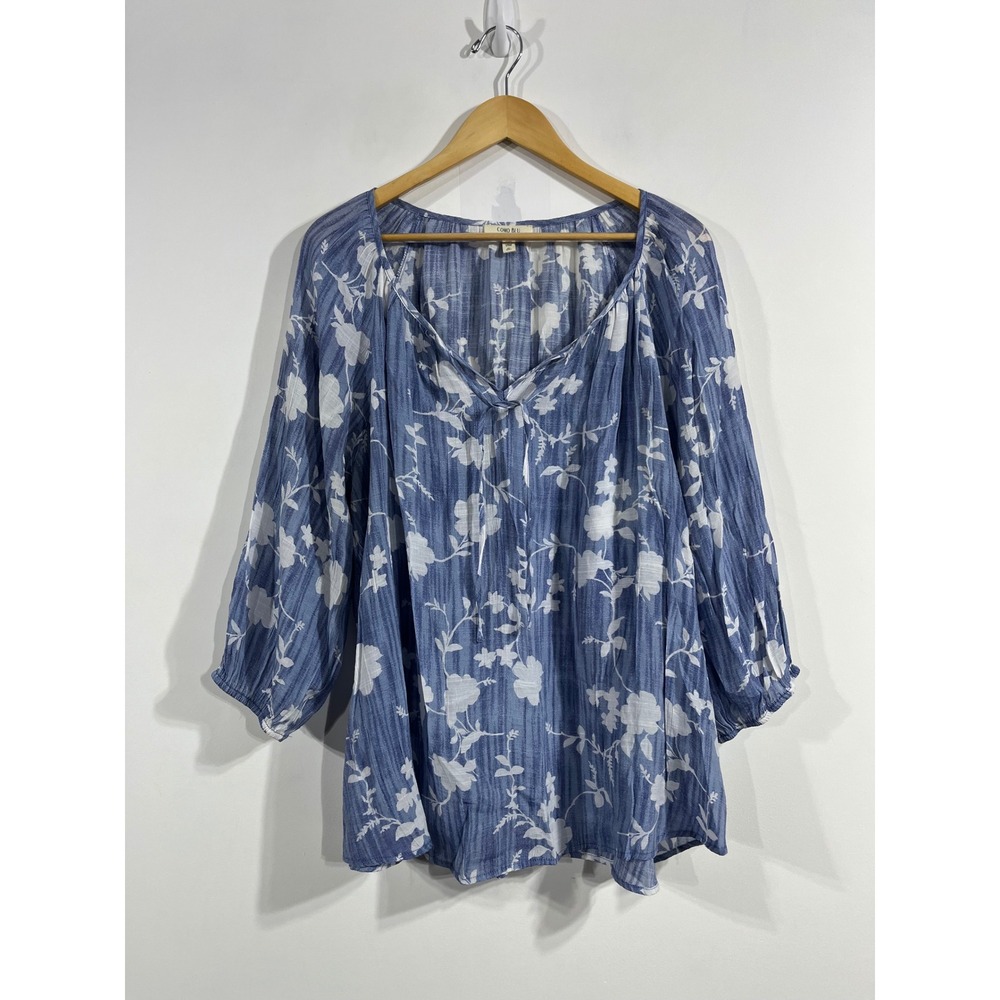 Como Blu Boho Floral Peasant Blouse‎ 3/4 Sleeve Tie Neck Top Womens 1X Coastal